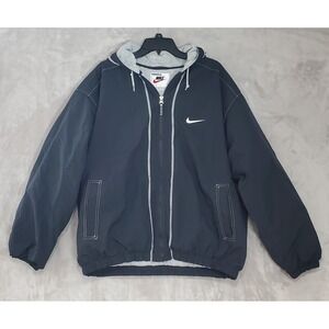 Vtg 90s Nike Jacket Mens XL Quilt Lined Black Embroidered Swoosh Full Zip Hooded